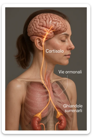 realistic 3D medical illustration of a woman with cortisol highlighted, focusing on brain, adrenal glands, and hormonal pathways, with captions in Italian, aspect ratio 2:3 sticker