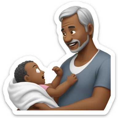 A 50-year-old man caring for a baby sticker