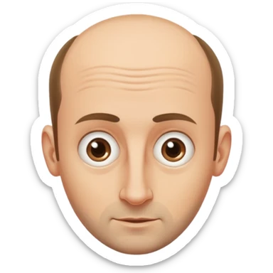 a man with oval shape head, receding hairline,big forehead,wide eyeborrow, long nose with stubble and protruding ear sticker