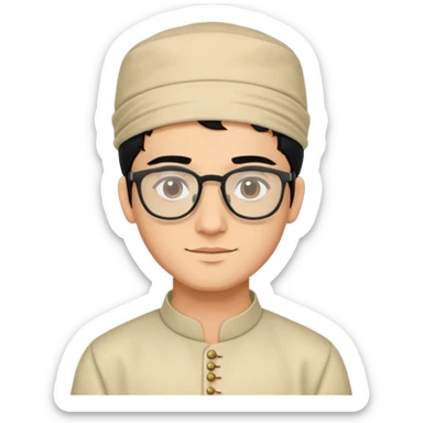 young man with wheatish skin tone, black hair, wearing kurta with rectangle glasses and traditional cap sticker