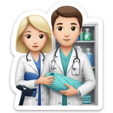 Doctor grabbing a patient gown from medical cabinet  sticker