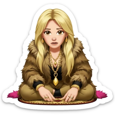 Cinematic Realistic Ultra HD -  Angry, High Nose - Glamour, Plunging Neck Hilary Duff Extreme Long Long Hairstyle in Shaggy Fur Coat with Gold Flash - Crouching on Kashmir Carpet sticker