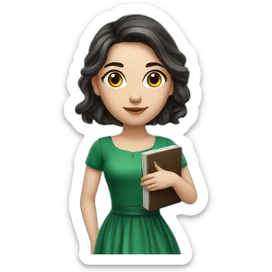 the marketer is a smart beautiful 30-year-old girl with long dark hair in a green formal dress with brown eyes with a book in her hands with a marble skin realistic sticker