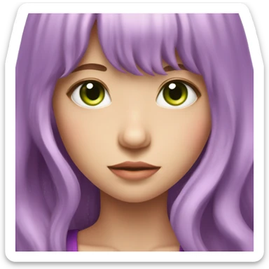 Purple long wavy hair girl with bangs with green eyes and pink dragon horn sticker