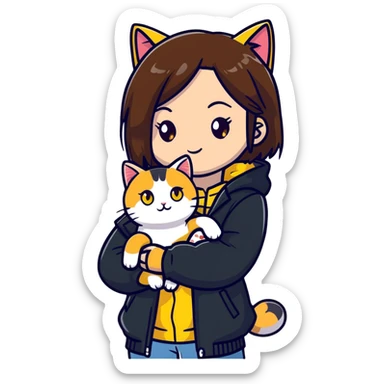 Light-skinned girl with brown straight hair wearing a black jacket, with a white cat with yellow eyes and a calico cat sticker
