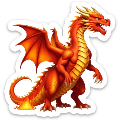 cinematic-noble-fierce-fire-dragon-full body-emoji,-poised-and-imposing,-with-a-muscular,-scaled-body-ablaze-in-fiery-hues-of-crimson,-molten-orange,-and-molten-gold,-and-intense,-burning-eyes-that-mirror-the-heart-of-a-volcano;-rendered in detail, displaying hi sticker