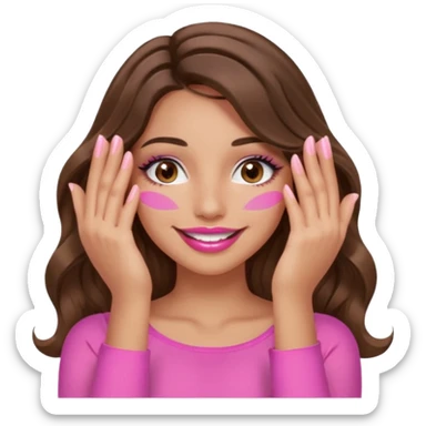 girl with long wavy brown hair, brown eyes, long lashes, sexy pink lips, light to medium complexion, wearing a pink sexy top, smiling, hands covering over the eyes sticker