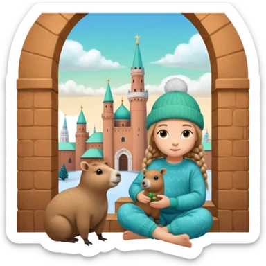 A cute 11-year-old girl with light brown braids in front, wearing emerald green cozy sweater and blue pajama pants, sitting with a fluffy capybara wearing a tiny knitted hat, warm pastel illustration style, soft lighting, Moscow Kremlin spire visible through window in background, 3D render sticker