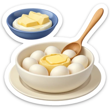 a dozen eggs, a ceramic mixing bowl with a wooden spoon and a plate of butter sticker
