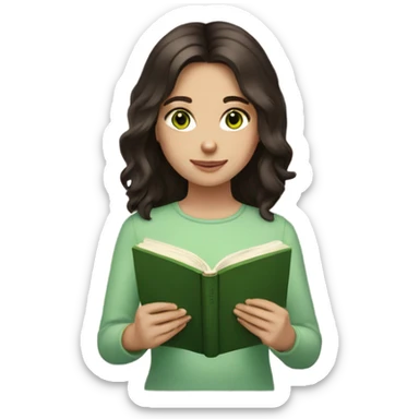 Girl with green eyes, shoulder length dark brown hair, pale skin, reading a book  sticker