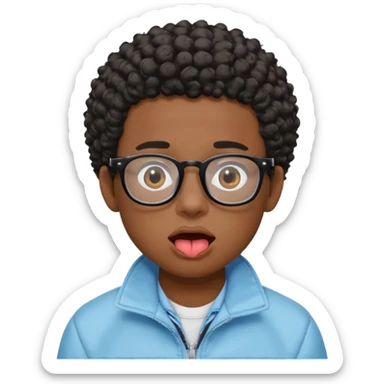 A dark-skinned boy with short curly hair, wearing square black-framed glasses, is sticking out his tongue and is wearing a light blue jacket. The figure is seen from the shoulders up. sticker