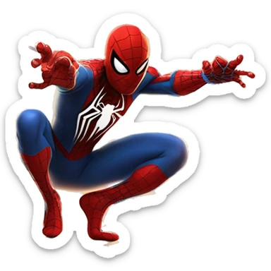 A heroic figure resembling Spider-Man, wearing a red and blue suit with a black web pattern, crouching on a building ledge with one hand extended, shooting a web. The background features a city skyline at sunset with glowing windows. sticker