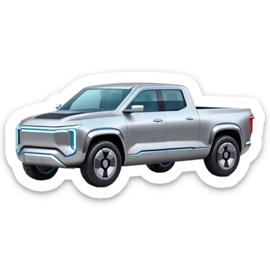 A futuristic electric pickup truck emoji, silver chrome body, angular cyber design, smooth metallic panels, subtle reflections, minimalistic proportions, iOS emoji style, centered composition, clean white background, soft lighting sticker