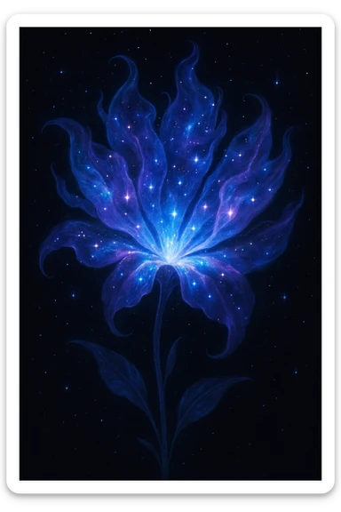 A fantasy flower with petals shaped like wisps of nebula, shimmering with starlight and cosmic hues. sticker