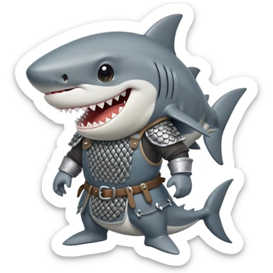 Anthropomorphic shark wearing a gambeson and chainmail coif with messy black hair smiling sticker
