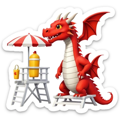 dragon in a white lifeguard t-shirts in a lifeguard stand in the summer on the beach and in a lifeguard stand sticker