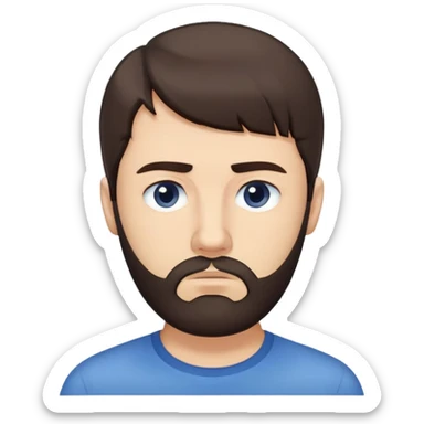 Caucasian man with straight dark brown hair styled loose with fringe, short full beard, neutral serious expression, simple blue shirt sticker