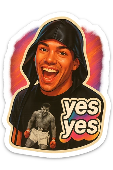 excited smile with mouth open
add the words “yes yes" in White sticker
