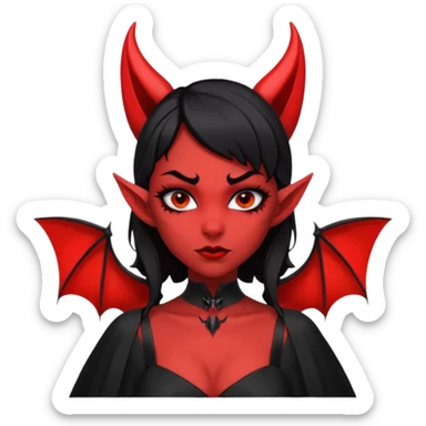 demon girl, skin red (no pale/blush), black hair, small horns, pointed ears, bat wing, black open-back dress, bold black outlines, red+black palette sticker