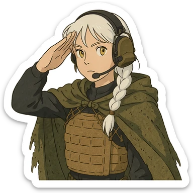 1 female, mid 20's, white hair in a long braid, gold yellow eyes, adorned in a black long sleeve shirt, tan body armor and a worn olive-green cloak with netting holding it together. She wears a COMTAC headset. is giving a stealthy salute sticker