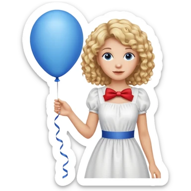 Woman curly blonde with blue balloon, white dress sticker