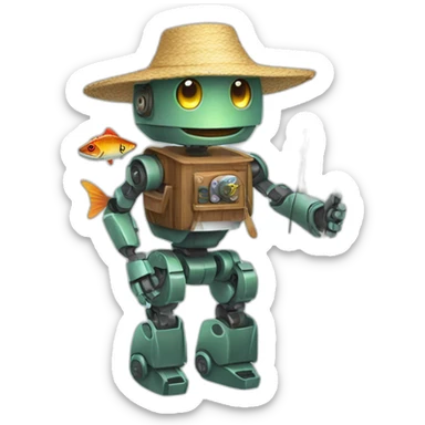 robot with fishing rod and strawhat sticker