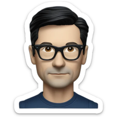 photo realistic Ralf Hutter from Kraftwerk, short straight black hair, black glasses, Dark Blue T-shirt, thin, in black tesla model 3 sticker