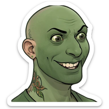 Italian brainrot meme, even more tattoos, even more doucher, exaggerated Italian hand gestures aggressive, short man syndrome, large sleeve tattoos and neck tattoos, bald, dark facial features, rat vibe, silly expression, chaotic and humorous style sticker