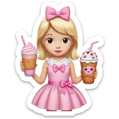 A little girl with a Dunkin' milkshake and a donut with pink frosting and marshmallows, wearing a pink coquette-style dress with bows and blonde hair. sticker
