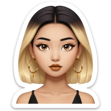 fierce confident Asian girl emoji with sharp eyeliner sculpted brows matte ombré nude lips long lashes gold hoop earrings sleek hair bold nightlife aesthetic sticker