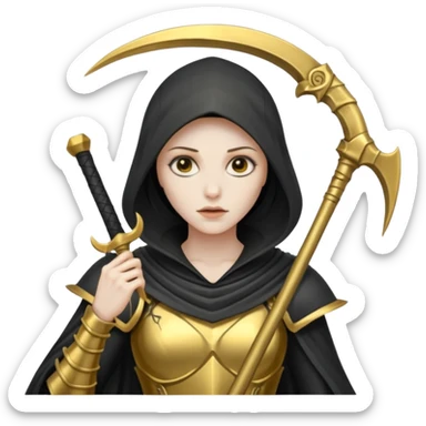 feminine grim reaper in a gold with scythe sticker