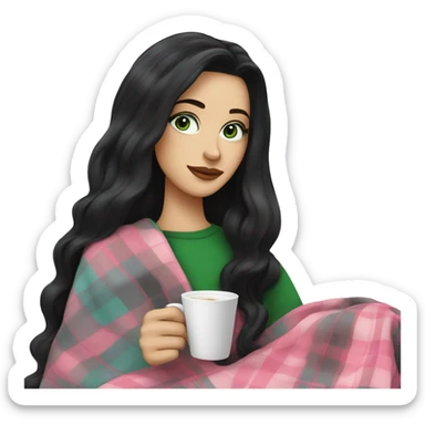 A pretty white woman with long black hair and green eyes wrapped in pastel pink plaid blanket drinking coffee sticker