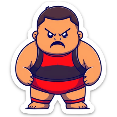 Close-up of white skin fat guy with young face, no muscle with prominent black durag, completely shaved face, no beard or mustache, black eyes in a red and black wrestling singlet with angry face sticker