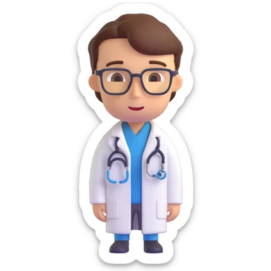 Close-up of a medical or clinical researcher in 3D emoji style, wearing a lab coat and having a thoughtful expression, with a neutral background. sticker