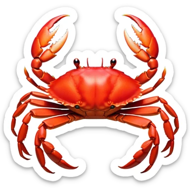 Cinematic Noble Red Crab Portrait Emoji, Poised and commanding, with a sturdy, angular exoskeleton of vivid scarlet red and sharply defined pincers, deep-set, intense eyes on stalks, Simplified yet sharp and sophisticated features, highly detailed, glowing with a soft, oceanic glow, high shine, intelligent and formidable, stylized with an air of coastal authority, focused and alert, soft glowing outline, capturing the essence of a watchful crustacean guardian that appears ready to scuttle out of the screen with determined power! sticker