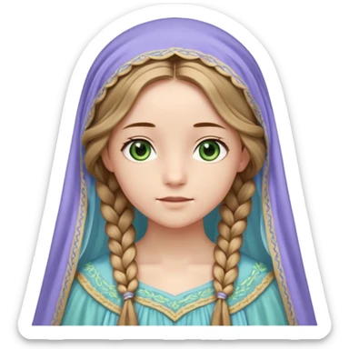 Joven de unos 20 años, de aspecto dulce y elegante.
Piel clara, ojos expresivos (pueden ser azules o verdes)
Rubio o castaño claro, largo, con trenzas o velo.
Vestido largo de tonos suaves (blanco, azul o lavanda), con bordados dorados; un manto o toca fina cubriendo la cabeza. sticker
