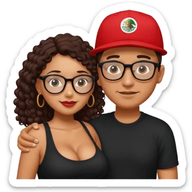A picture of an embracing tanned couple. the man is a Mexican man with tanned skin, with a bald hair cut wearing a red SnapBack hat and wearing a black shirt. the woman is mixed, with glasses,  with long curly dark brown hair and with big boobs.  sticker