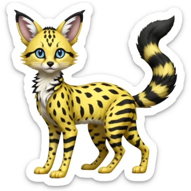 beautiful elegant spotted hype-realistic, black-maned, vibrant yellow Genet-Serval-Sergal-Margay-Fox-fusion-hybrid-furry-fursona, full body, with a long puffy fluffy black-and-white-striped tail, black long big ears, with natural blue eyes sticker