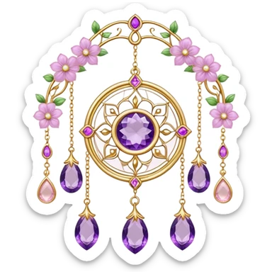 Epic beautiful gorgeous cute gold suncatcher, threads with shiny sparkly amethyst and rose-quartz gemstones, flowers,  sticker
