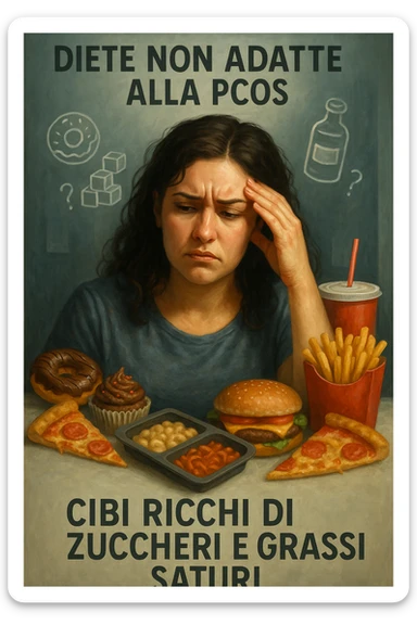 vertical realistic cinematic illustration in Italian: woman with PCOS following generic and wrong diets, confused or frustrated expression, symbols of unsuitable diet foods, captions in Italian explaining the mistakes, clinical atmosphere, dramatic lighting, aspect ratio 2:3 sticker