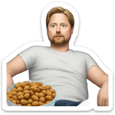 tim heidecker with a beard lazy lounging on couch holding a plastic ziploc bag of walnuts sticker