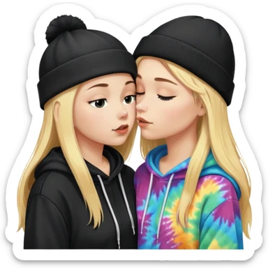 Short brunette haired white girl in a hoodie and a black beanie kissing a tall long blonde haired girl wearing a black beanie and a tiedye hoodie sticker