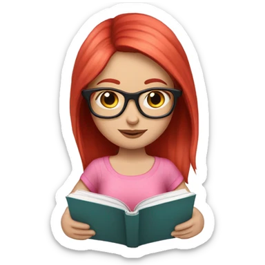 Pale girl with red hair and glasses reading a book she’s got a cute pink outfit on sticker