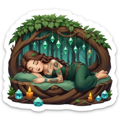 cute forest witch woman long wavy brown hair tattoos napping on crystal sticker