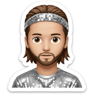 Tom Kaulitz from Tokio Hotel with long brown hair, silver sequin outfit  sticker