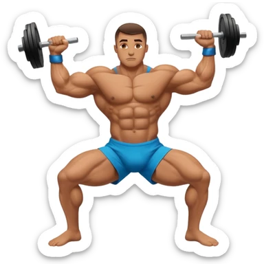 A bodybuilder doing a side lunge and flexing his biceps his kneels more doe sticker