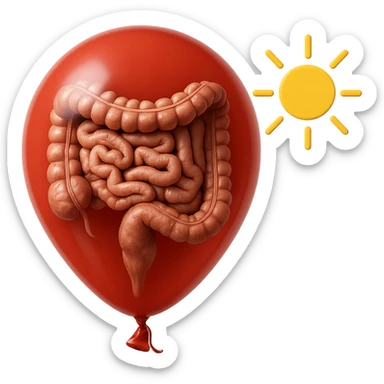 intestino umano anatomico chiuso in un palloncino rosso che simboleggia gonfiore, accanto un simbolo di sole che simboleggia "gonfiori di mattina", iperrealistico 4k sticker