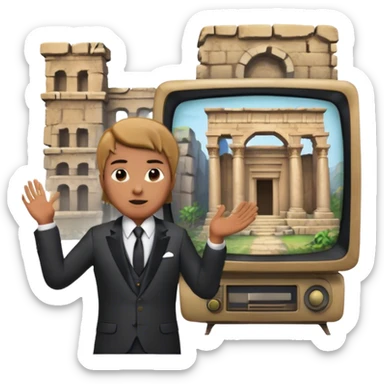 Icon for Documentary Film (TV style): a host presenting in front of video footage showing ancient ruins. The design should evoke a vintage TV broadcast with historical content, complete with a clear view of the host and the ruins behind. Transparent background. sticker