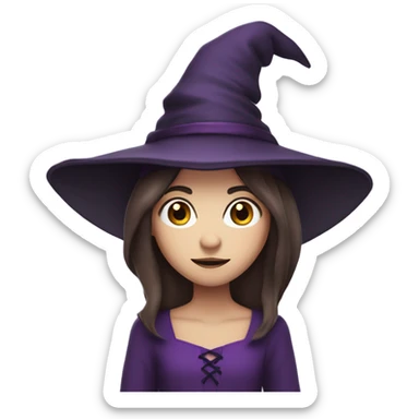 a young white thin girl with straight brown hair and dark eyes dressed as a witch with purple hat sticker