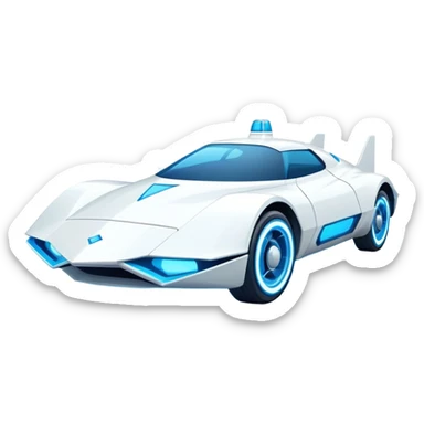 Futuristic retro hover white car with sharp angular design and glowing blue wheels, front view, flat vector style, minimal color palette with subtle blue highlights sticker